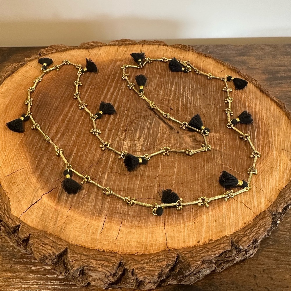 Gold-Tone Chain Necklace with Black Tassels